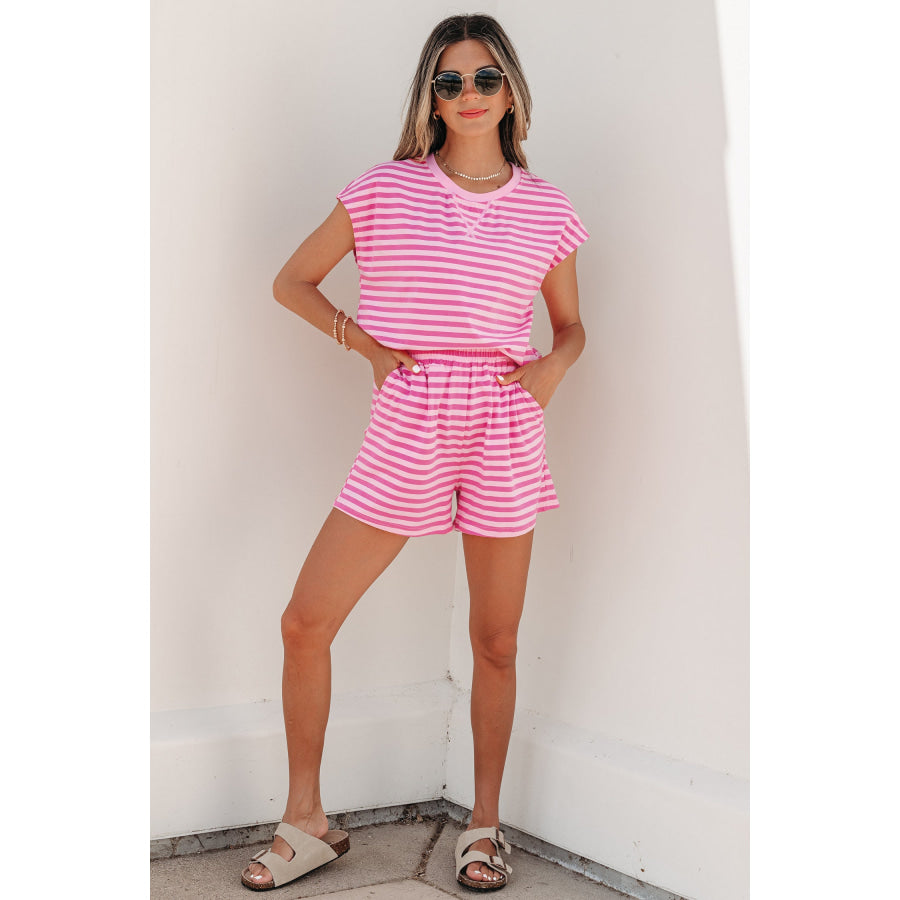 Pink Stripe Cap Sleeve Tee Elastic Waist Shorts 2pcs Outfit Two Piece Sets/Short Sets