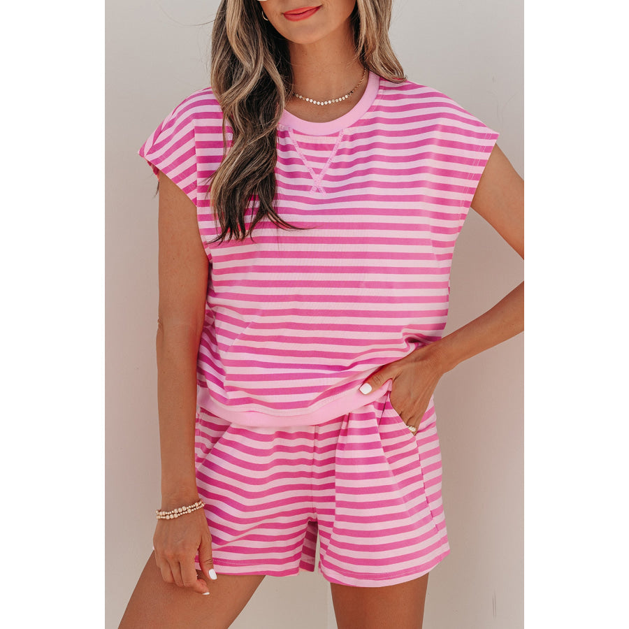 Pink Stripe Cap Sleeve Tee Elastic Waist Shorts 2pcs Outfit Two Piece Sets/Short Sets