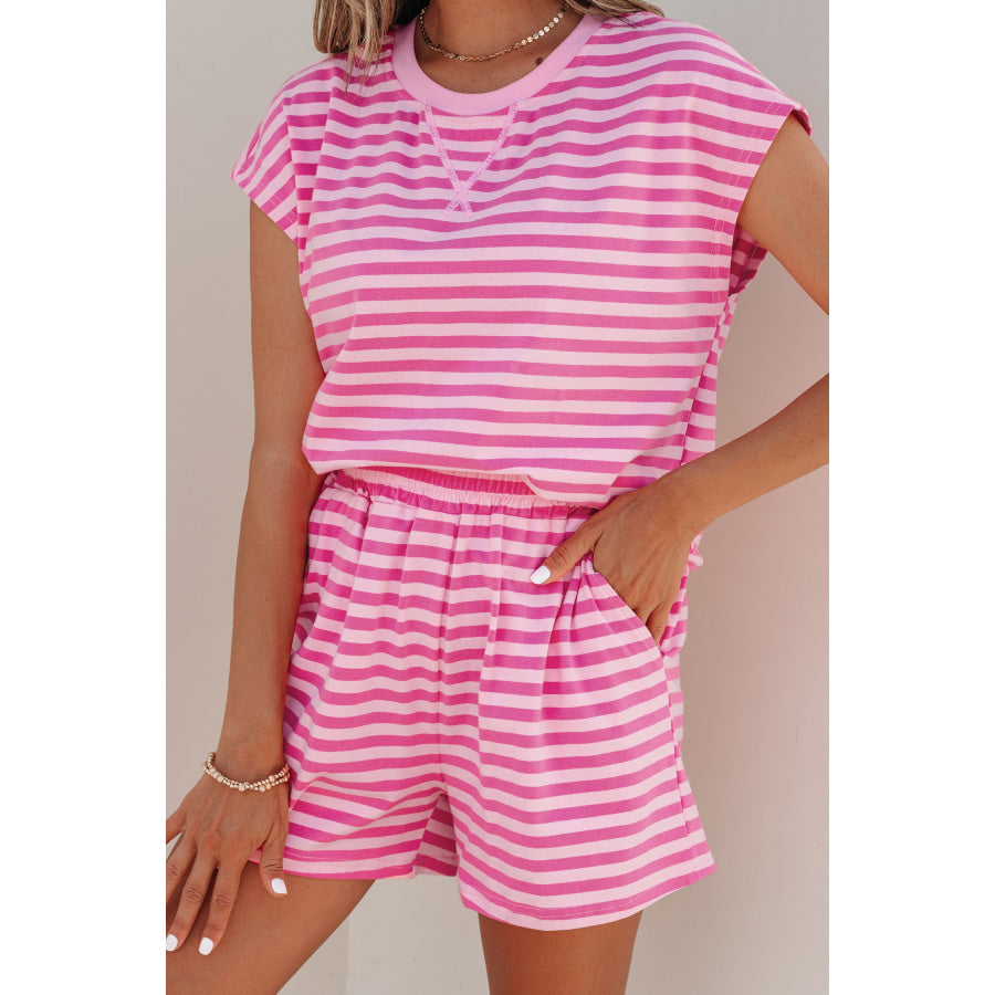 Pink Stripe Cap Sleeve Tee Elastic Waist Shorts 2pcs Outfit Two Piece Sets/Short Sets