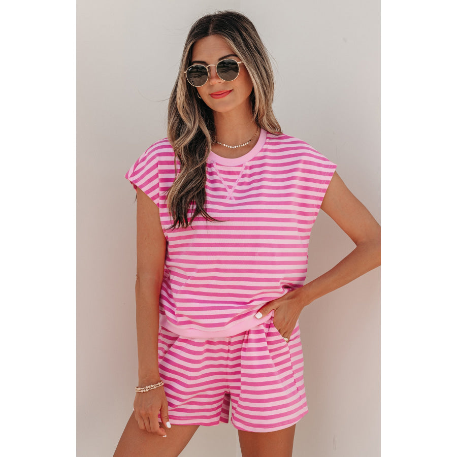 Pink Stripe Cap Sleeve Tee Elastic Waist Shorts 2pcs Outfit Two Piece Sets/Short Sets