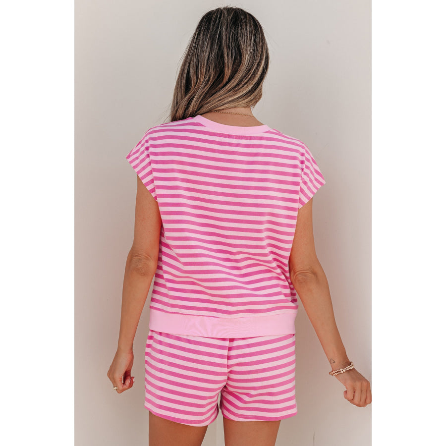 Pink Stripe Cap Sleeve Tee Elastic Waist Shorts 2pcs Outfit Two Piece Sets/Short Sets