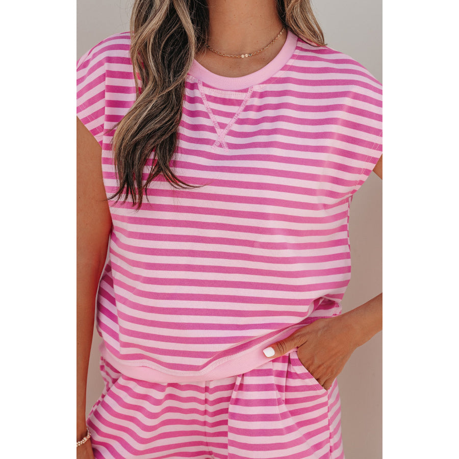 Pink Stripe Cap Sleeve Tee Elastic Waist Shorts 2pcs Outfit Two Piece Sets/Short Sets
