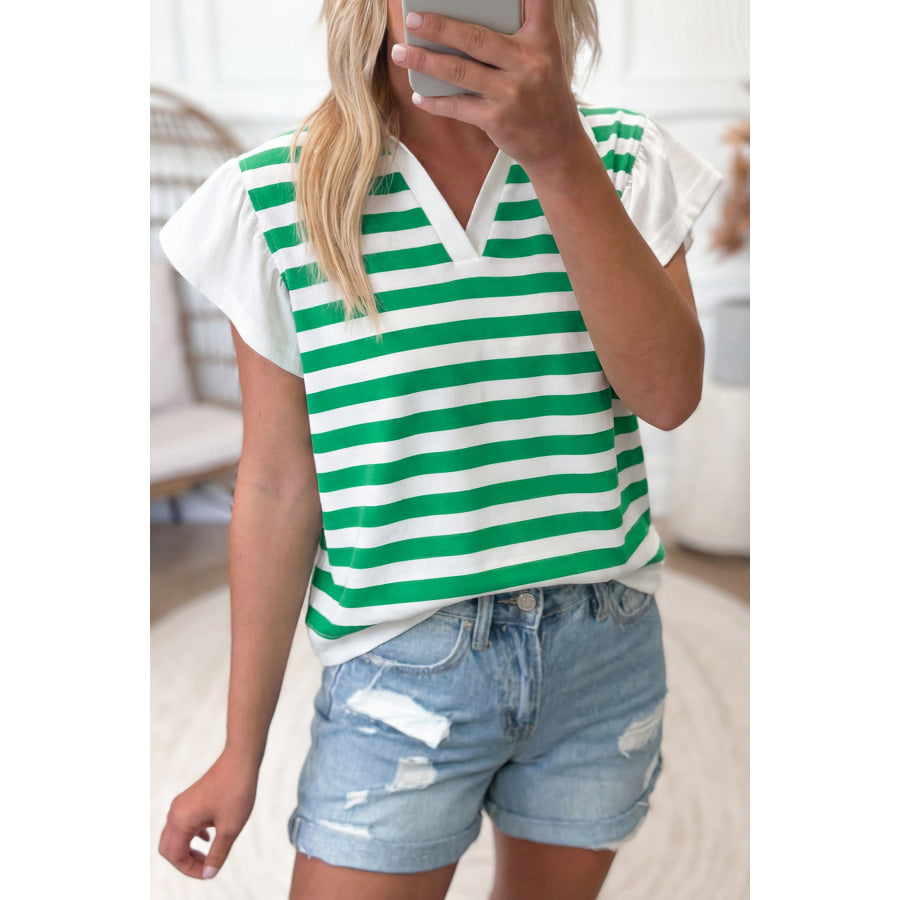 Pink Stripe Collar V Neck Ruffled Short Sleeve Blouse Green Stripe / S / 95% Cotton + 5% Elastane Tops/Blouses & Shirts