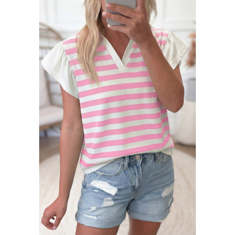 Pink Stripe Collar V Neck Ruffled Short Sleeve Blouse Pink Stripe / S / 95% Cotton + 5% Elastane Tops/Blouses & Shirts