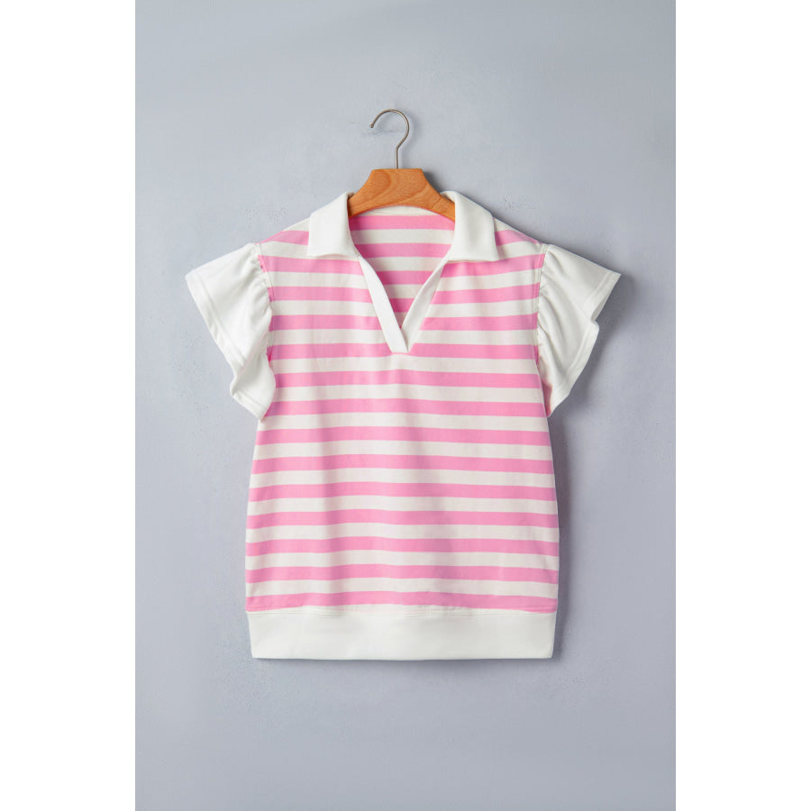 Pink Stripe Collar V Neck Ruffled Short Sleeve Blouse Tops/Blouses & Shirts