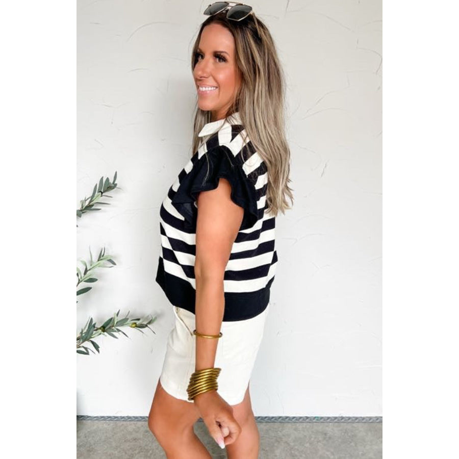 Pink Stripe Collar V Neck Ruffled Short Sleeve Blouse Tops/Blouses & Shirts