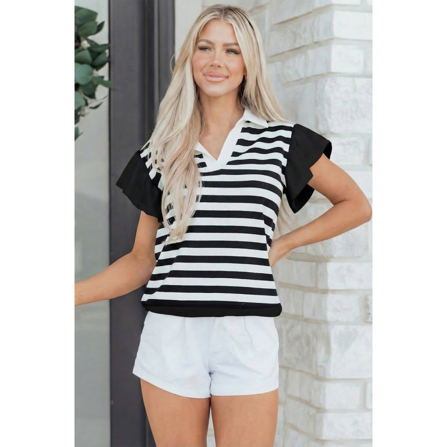 Pink Stripe Collar V Neck Ruffled Short Sleeve Blouse Tops/Blouses & Shirts