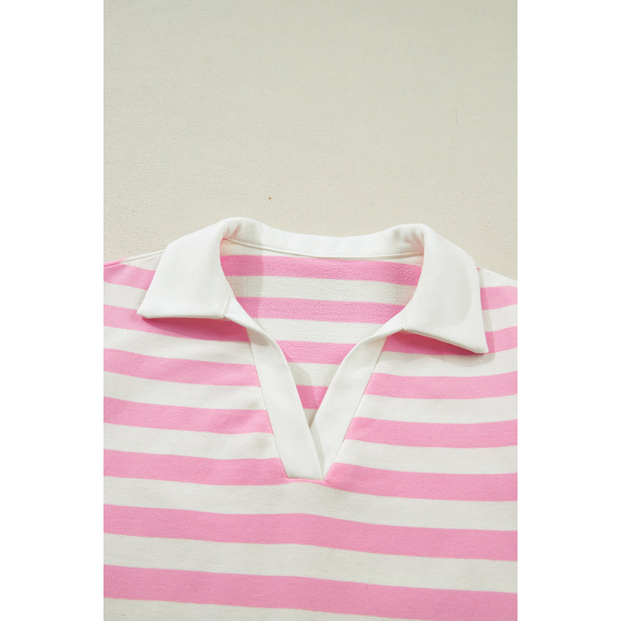 Pink Stripe Collar V Neck Ruffled Short Sleeve Blouse Tops/Blouses & Shirts