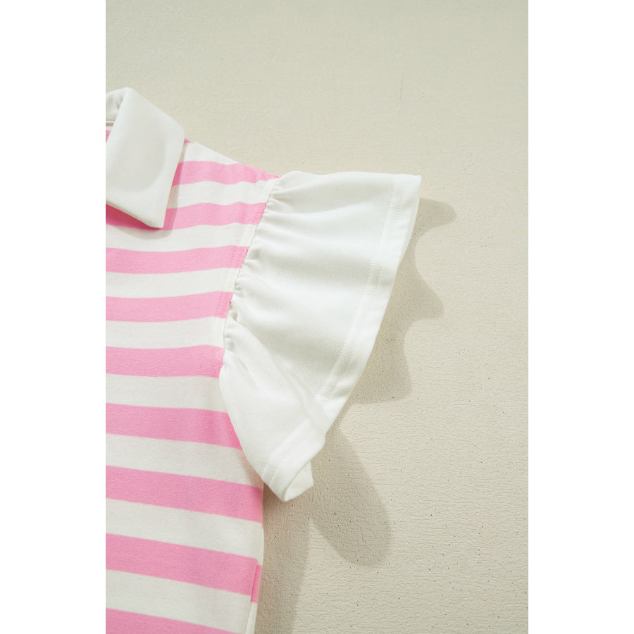 Pink Stripe Collar V Neck Ruffled Short Sleeve Blouse Tops/Blouses & Shirts
