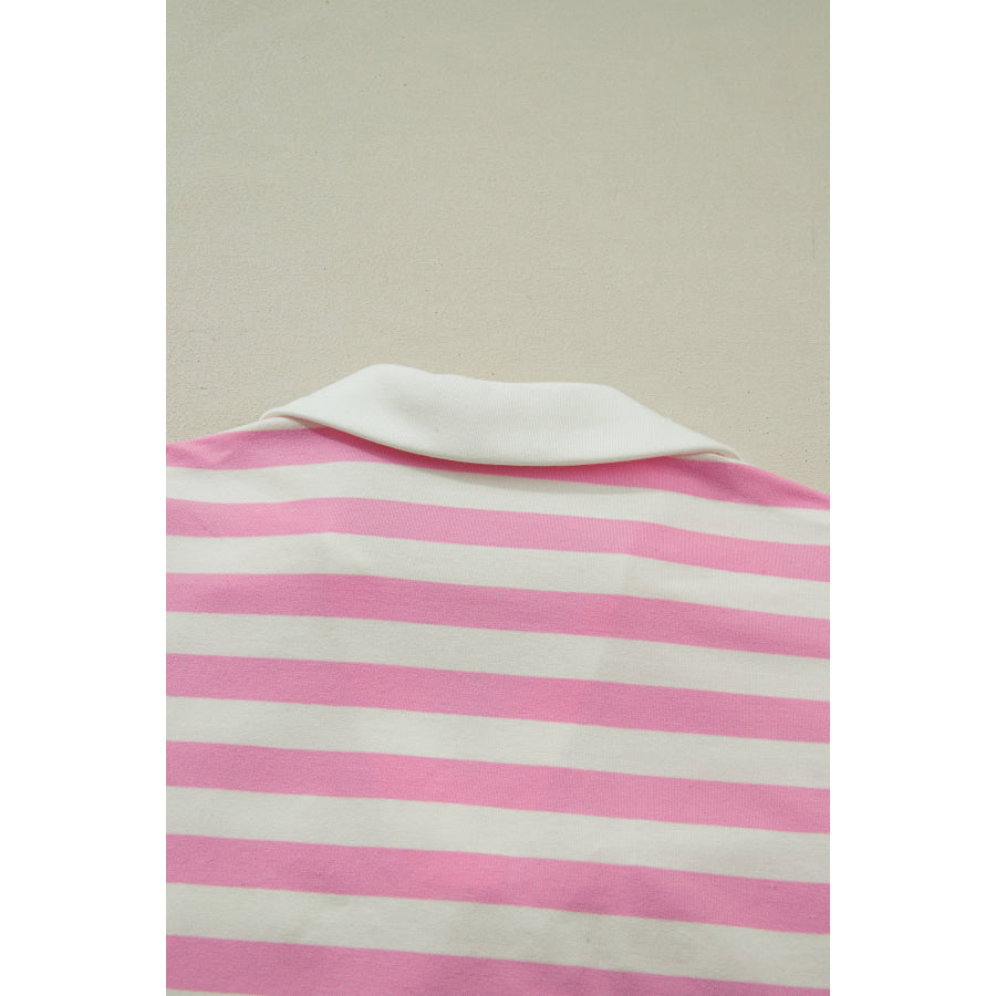 Pink Stripe Collar V Neck Ruffled Short Sleeve Blouse Tops/Blouses & Shirts