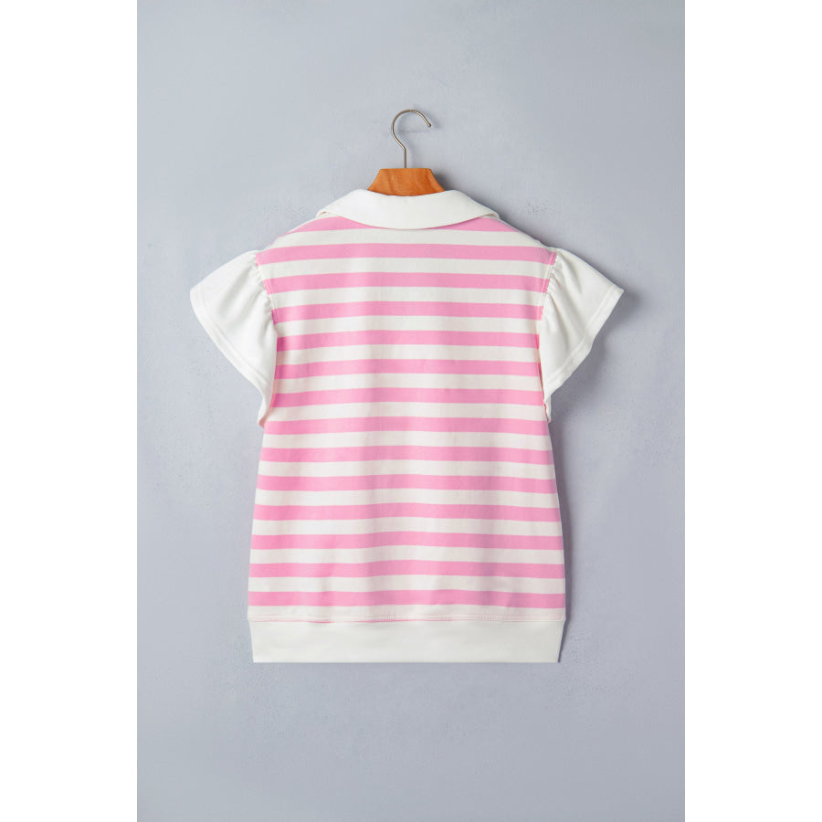 Pink Stripe Collar V Neck Ruffled Short Sleeve Blouse Tops/Blouses & Shirts