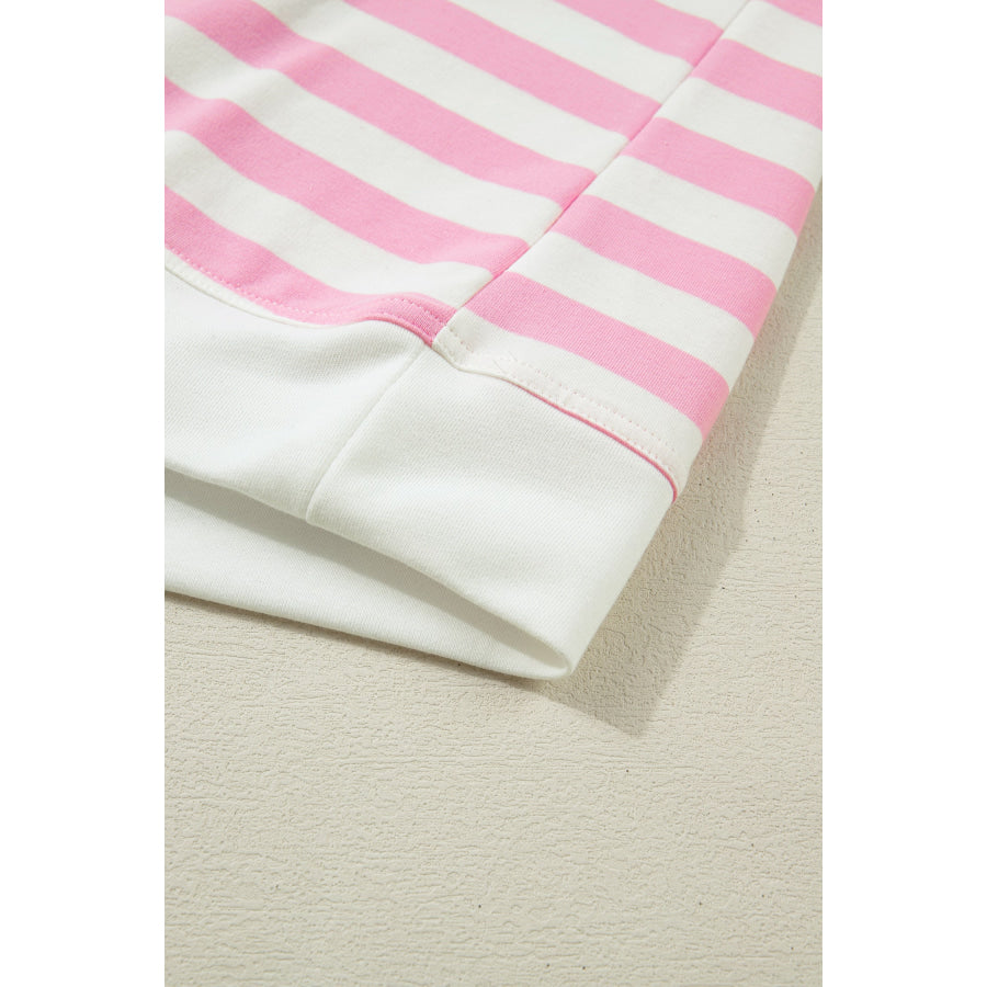 Pink Stripe Collar V Neck Ruffled Short Sleeve Blouse Tops/Blouses & Shirts