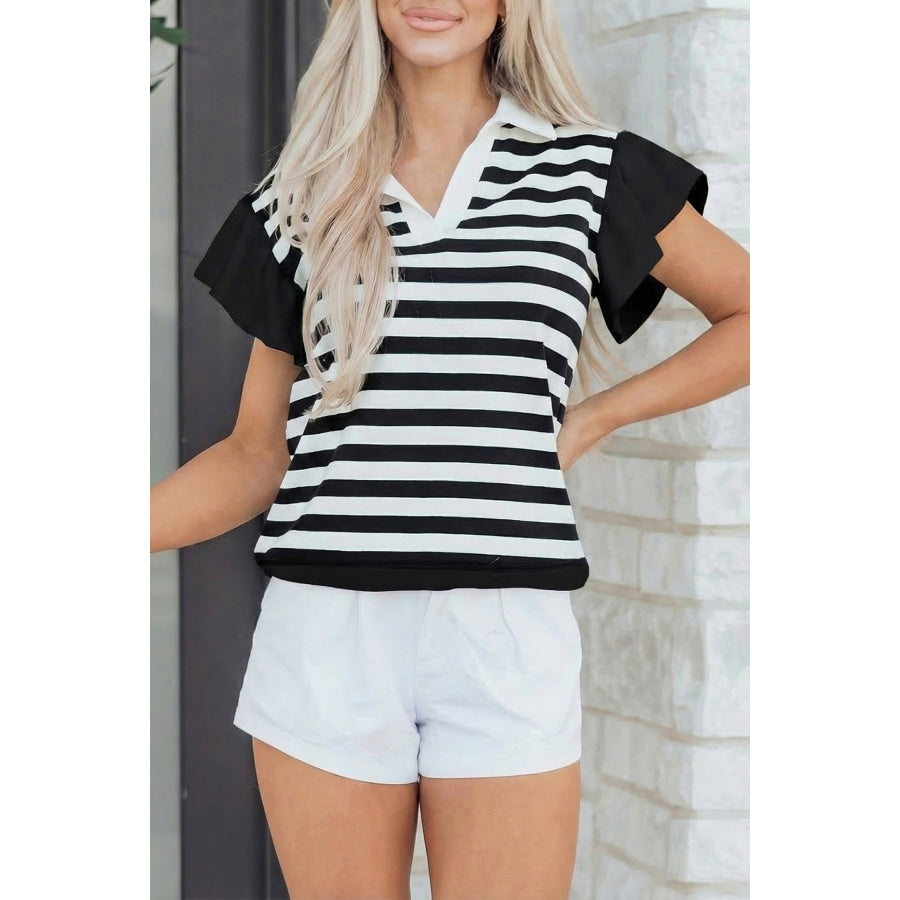 Pink Stripe Collar V Neck Ruffled Short Sleeve Blouse Tops/Blouses & Shirts
