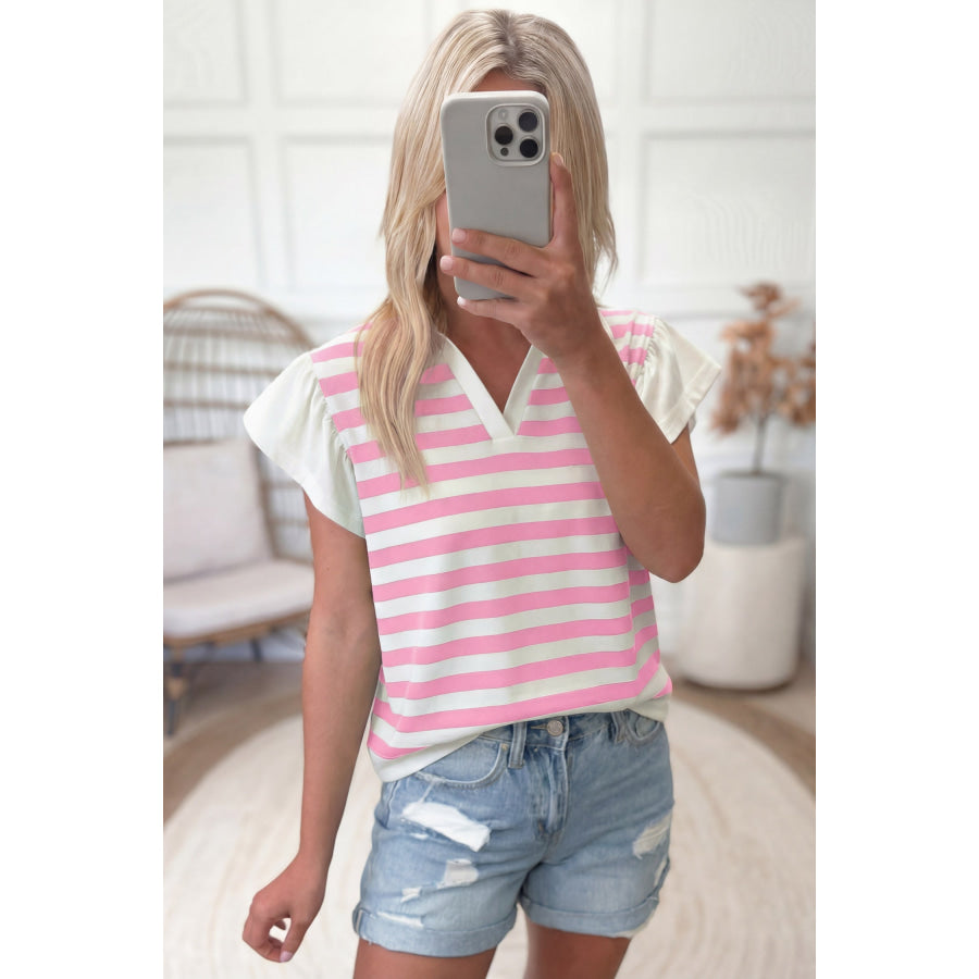 Pink Stripe Collar V Neck Ruffled Short Sleeve Blouse Tops/Blouses & Shirts