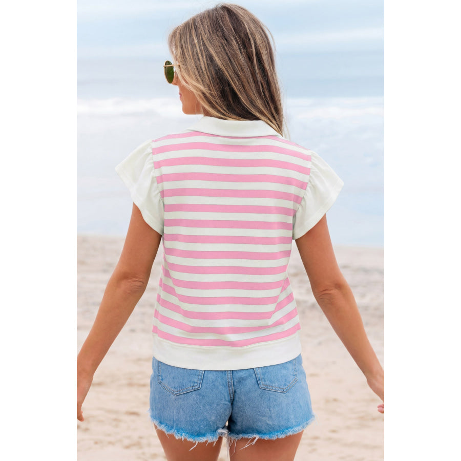 Pink Stripe Collar V Neck Ruffled Short Sleeve Blouse Tops/Blouses & Shirts