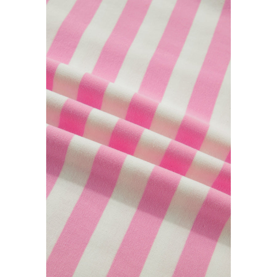 Pink Stripe Collar V Neck Ruffled Short Sleeve Blouse Tops/Blouses & Shirts