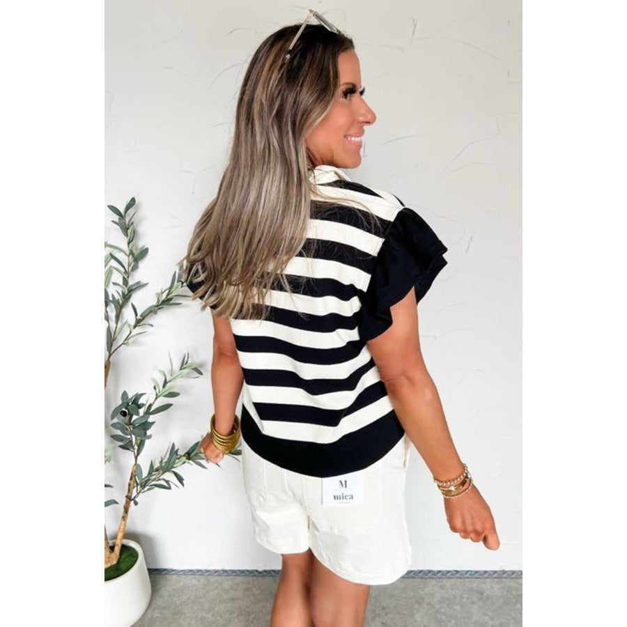 Pink Stripe Collar V Neck Ruffled Short Sleeve Blouse Tops/Blouses & Shirts