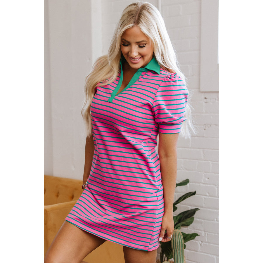 Pink Stripe Collared V Neck Puff Sleeve T Shirt Dress Dresses/T Shirt Dresses