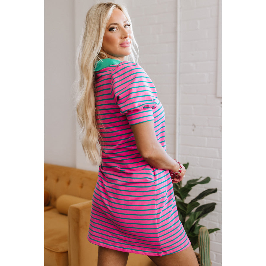 Pink Stripe Collared V Neck Puff Sleeve T Shirt Dress Dresses/T Shirt Dresses
