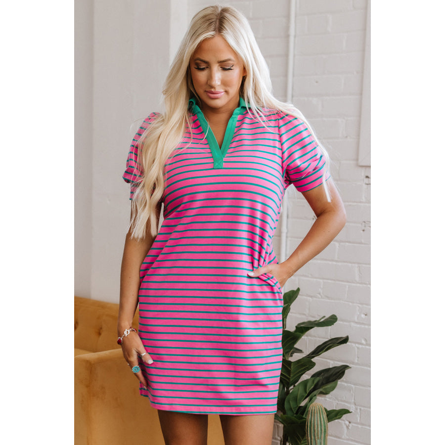 Pink Stripe Collared V Neck Puff Sleeve T Shirt Dress Dresses/T Shirt Dresses