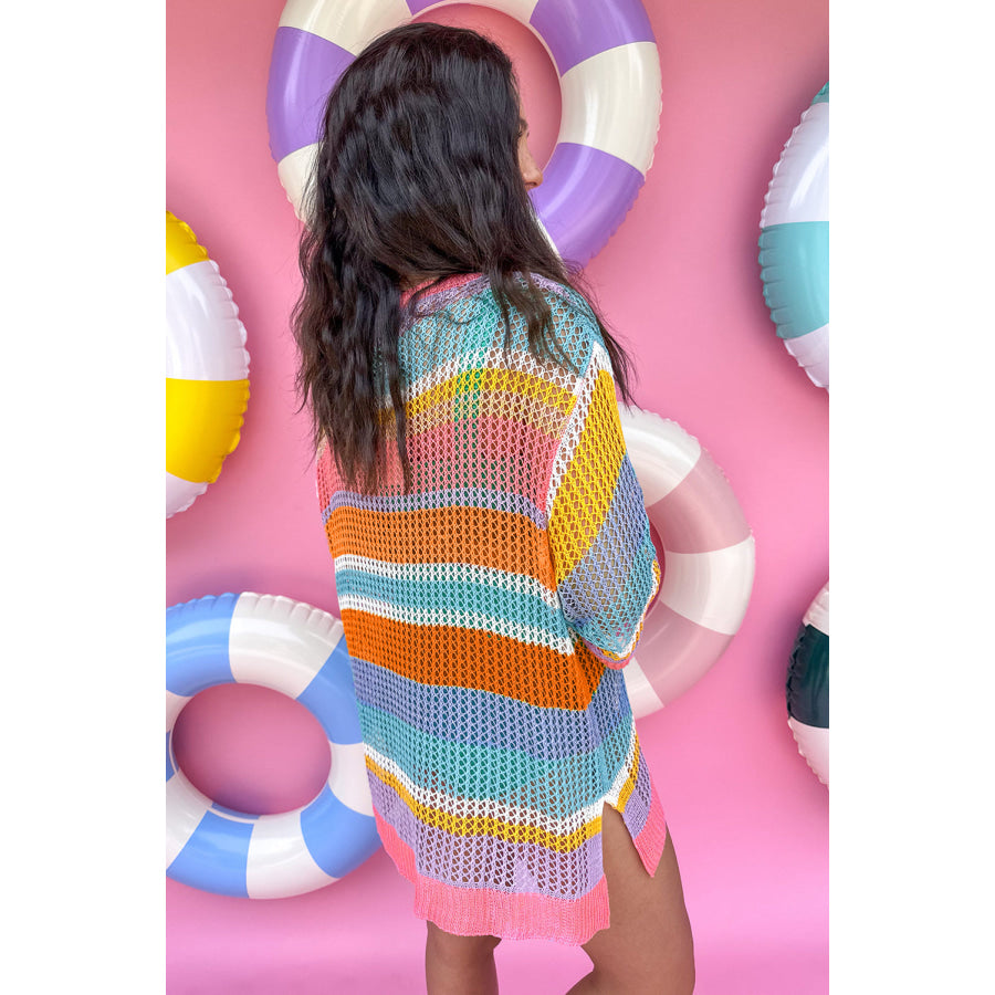 Pink Stripe Colorblock Hollowed Crochet 3/4 Sleeve Sweater Pink Stripe / S / 100% Acrylic Sweaters & Cardigans/Short Sleeve Sweaters