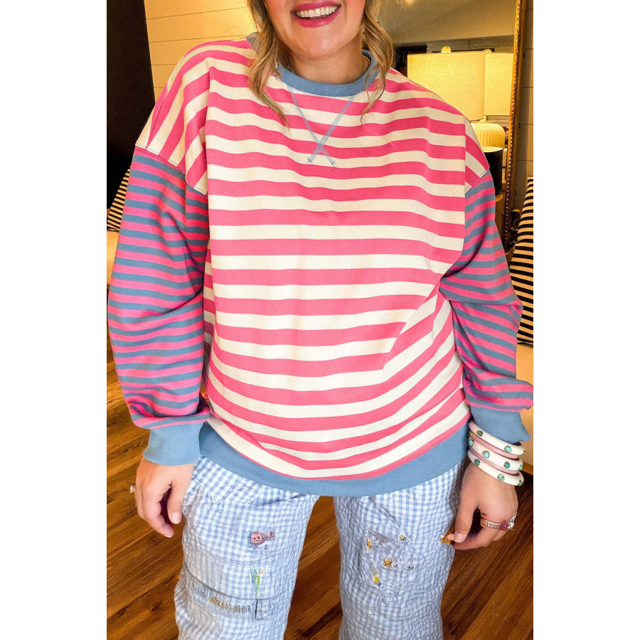 Pink Stripe Colorblock Striped Crewneck Long Sleeve Shift Tunic Plus Size Sweatshirt / 1X Size/Plus Sweatshirts & Hoodies