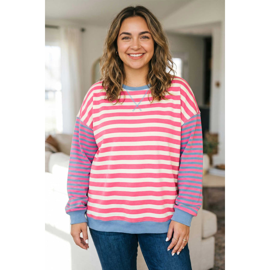 Pink Stripe Colorblock Striped Crewneck Long Sleeve Shift Tunic Plus Size Sweatshirt / 1X Size/Plus Sweatshirts & Hoodies