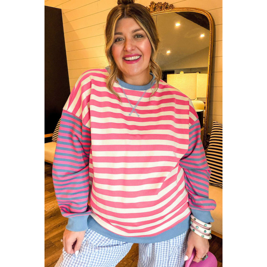 Pink Stripe Colorblock Striped Crewneck Long Sleeve Shift Tunic Plus Size Sweatshirt Size/Plus Sweatshirts & Hoodies