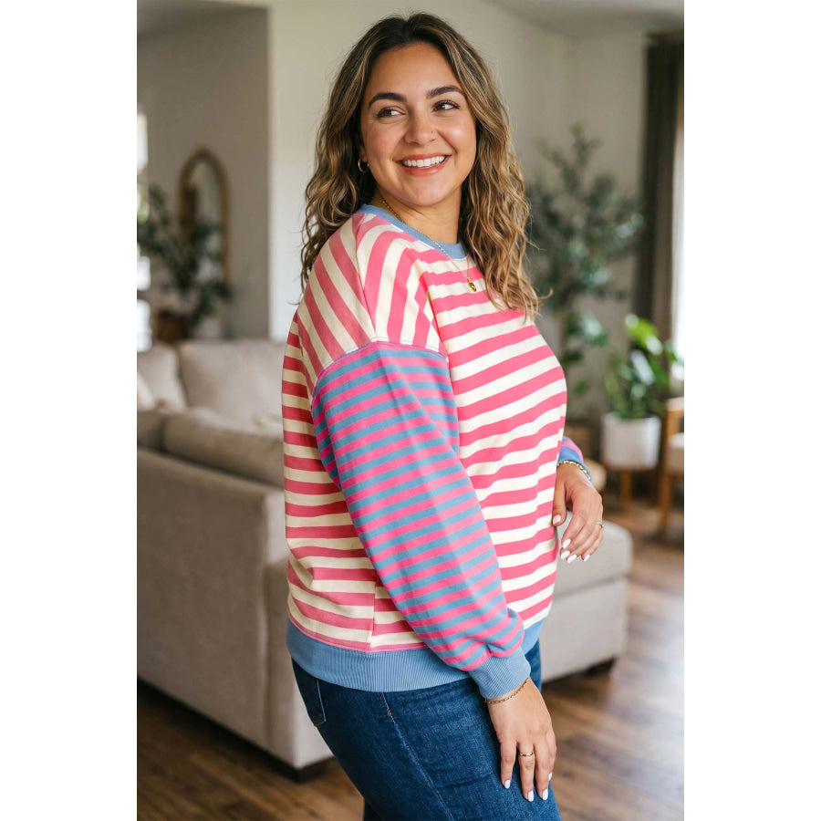 Pink Stripe Colorblock Striped Crewneck Long Sleeve Shift Tunic Plus Size Sweatshirt Size/Plus Sweatshirts & Hoodies
