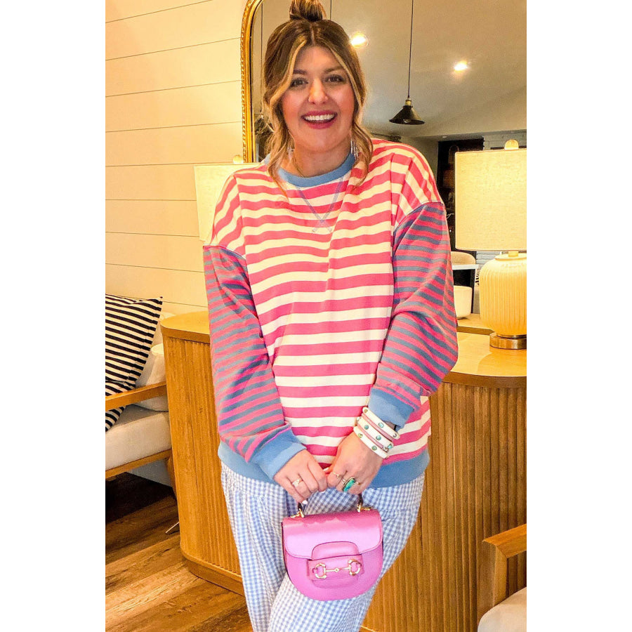 Pink Stripe Colorblock Striped Crewneck Long Sleeve Shift Tunic Plus Size Sweatshirt Size/Plus Sweatshirts & Hoodies