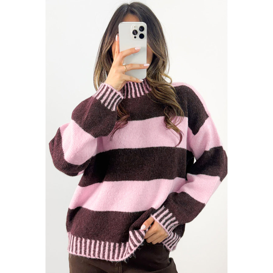 Pink Stripe Contrast High Neck Dropped Shoulder Relaxed Pullover Sweater Pink Stripe / S Sweaters & Cardigans/Sweaters