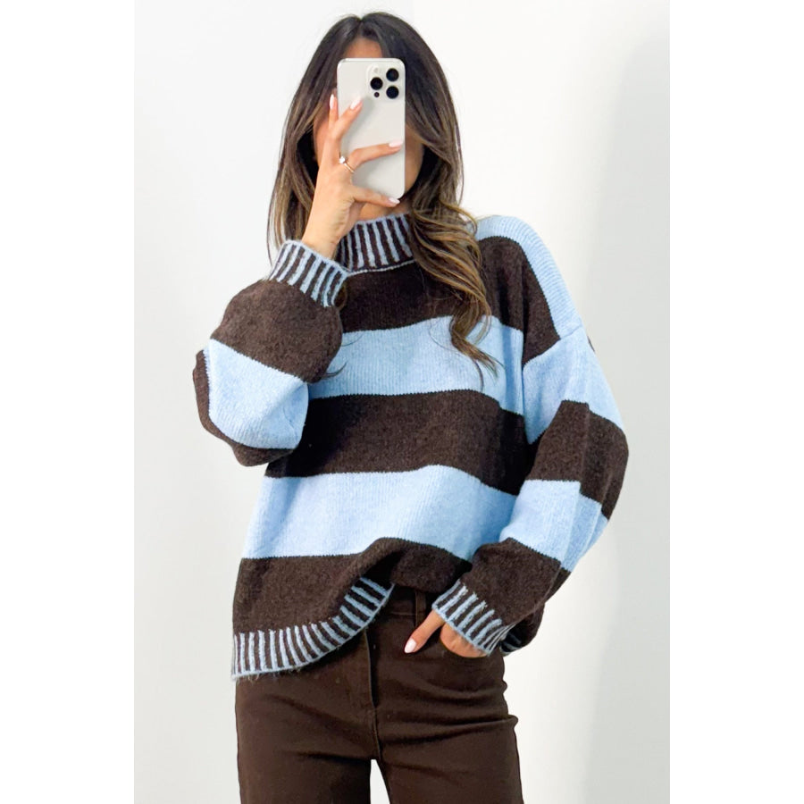 Pink Stripe Contrast High Neck Dropped Shoulder Relaxed Pullover Sweater Sweaters & Cardigans/Sweaters