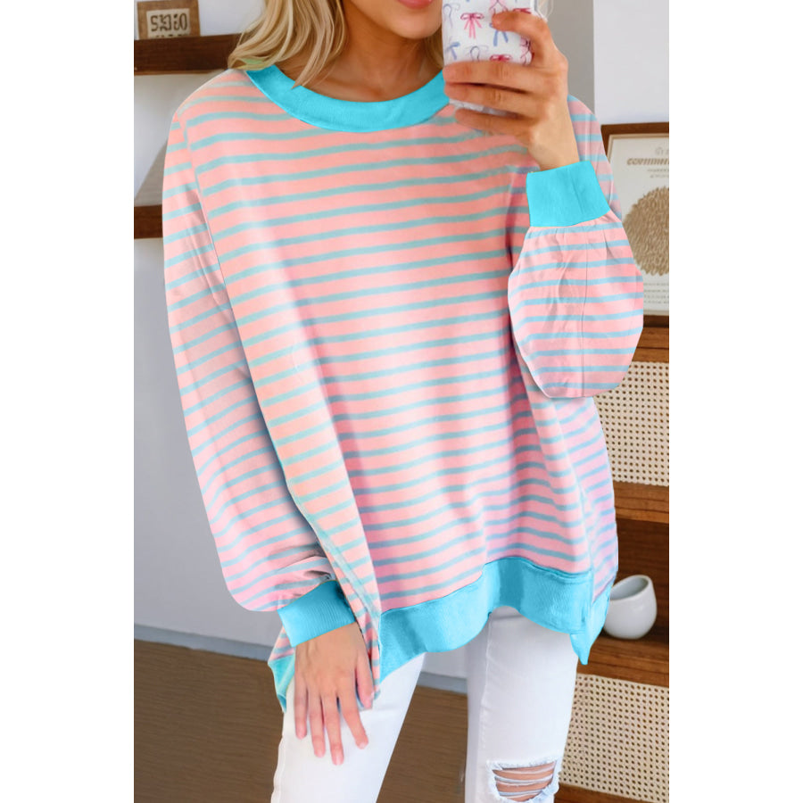 Pink Stripe Contrast Trim High Low Pullover Tunic Sweatshirt Pink Stripe / S / 70% Polyester + 25% Cotton + 5% Elastane Tops/Sweatshirts &amp;