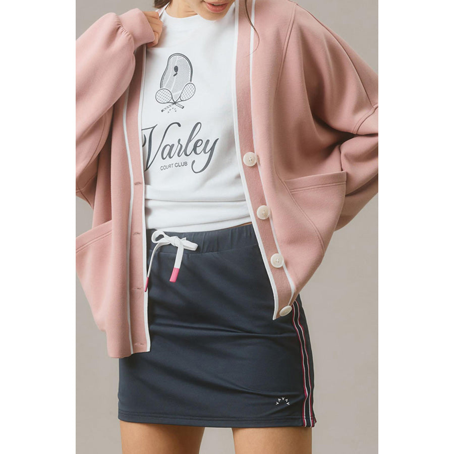 Pink Stripe Contrast Trim V Neck Buttoned Front Pocketed Knit Cardigan Pink Stripe / S / 50% Polyester + 45% Viscose + 5% Elastane Sweaters