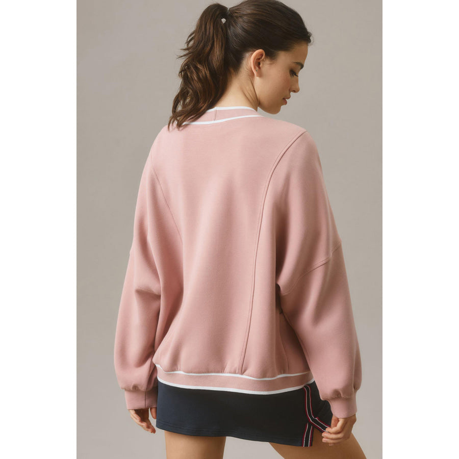 Pink Stripe Contrast Trim V Neck Buttoned Front Pocketed Knit Cardigan Sweaters & Cardigans/Cardigans