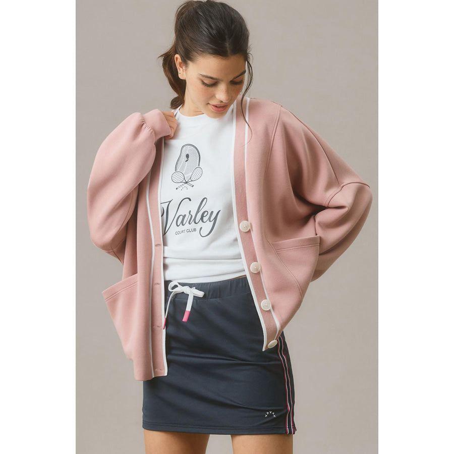 Pink Stripe Contrast Trim V Neck Buttoned Front Pocketed Knit Cardigan Sweaters & Cardigans/Cardigans