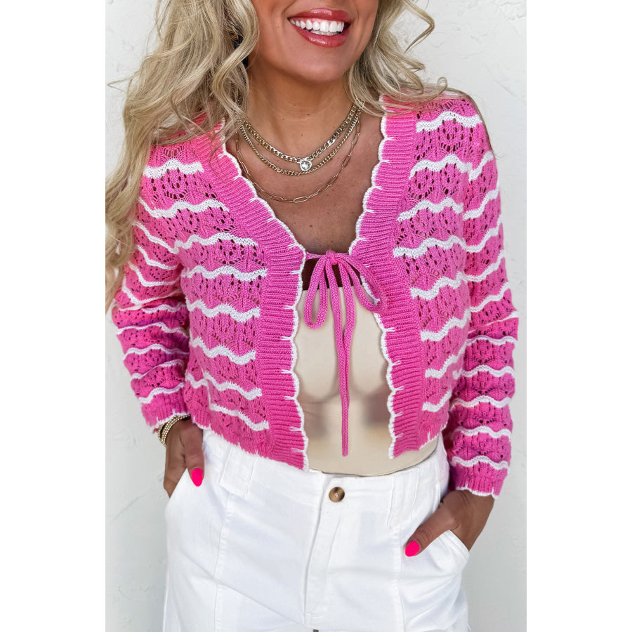 Pink Stripe Crochet Scalloped Trim Lace-up Front Cropped Cardigan Pink Stripe / S / 100% Acrylic Sweaters & Cardigans/Cardigans