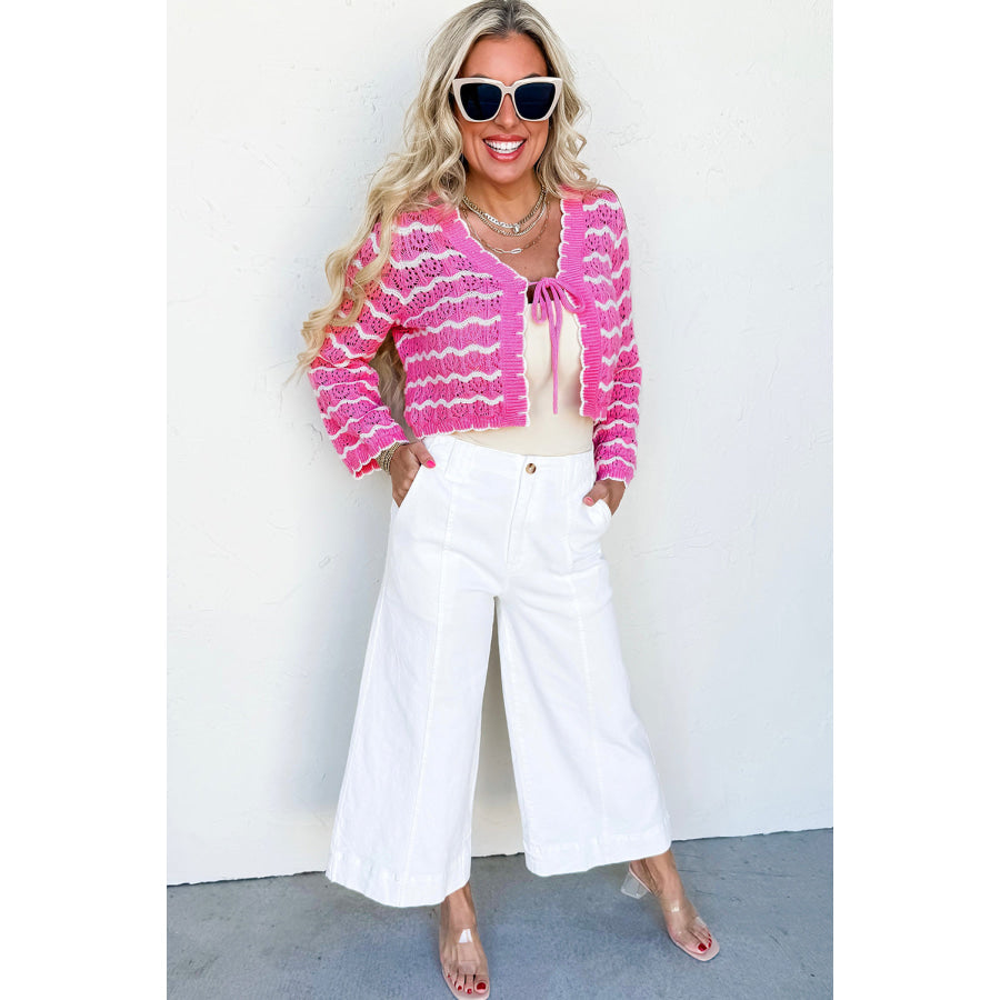 Pink Stripe Crochet Scalloped Trim Lace-up Front Cropped Cardigan Sweaters & Cardigans/Cardigans