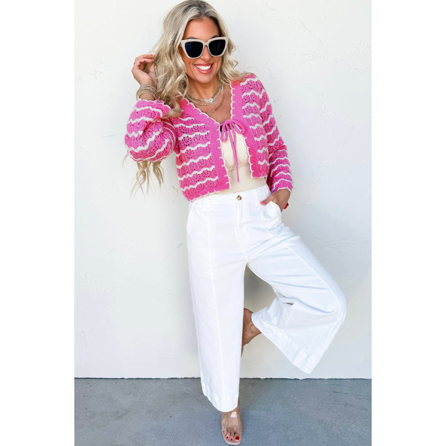 Pink Stripe Crochet Scalloped Trim Lace-up Front Cropped Cardigan Sweaters & Cardigans/Cardigans