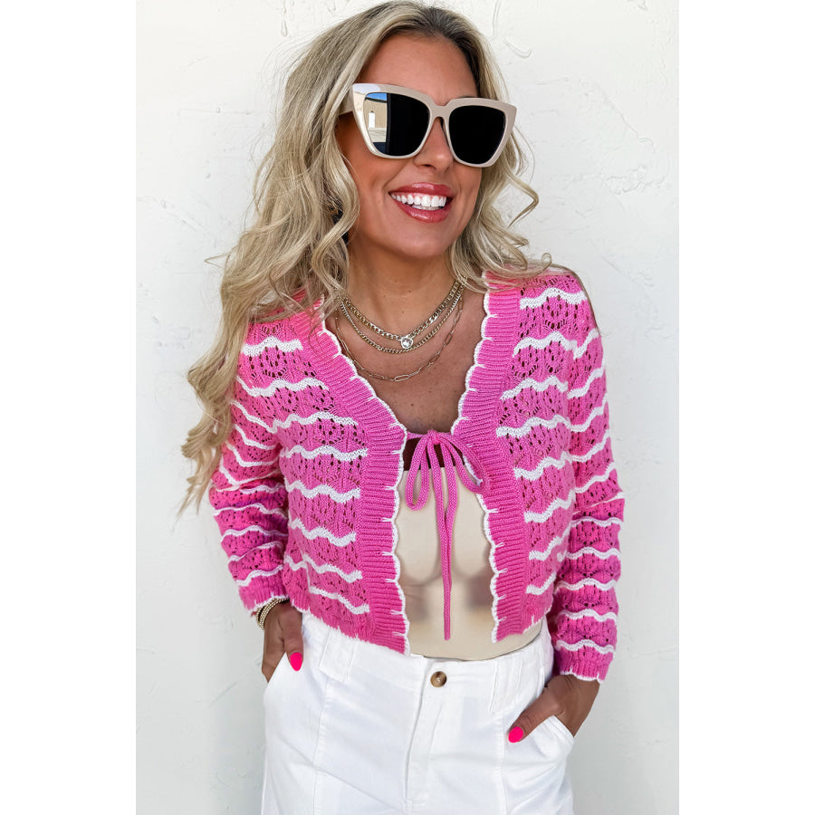 Pink Stripe Crochet Scalloped Trim Lace-up Front Cropped Cardigan Sweaters & Cardigans/Cardigans