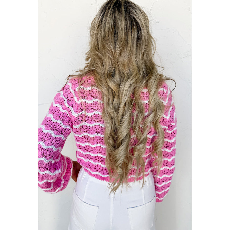 Pink Stripe Crochet Scalloped Trim Lace-up Front Cropped Cardigan Pink Stripe / S / 100% Acrylic Sweaters & Cardigans/Cardigans
