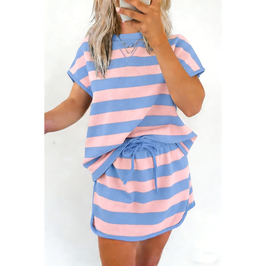 Pink Stripe Dolman Tee Drawstring Skort Athletic 2pcs Set Two Piece Sets/Two Piece Dresses