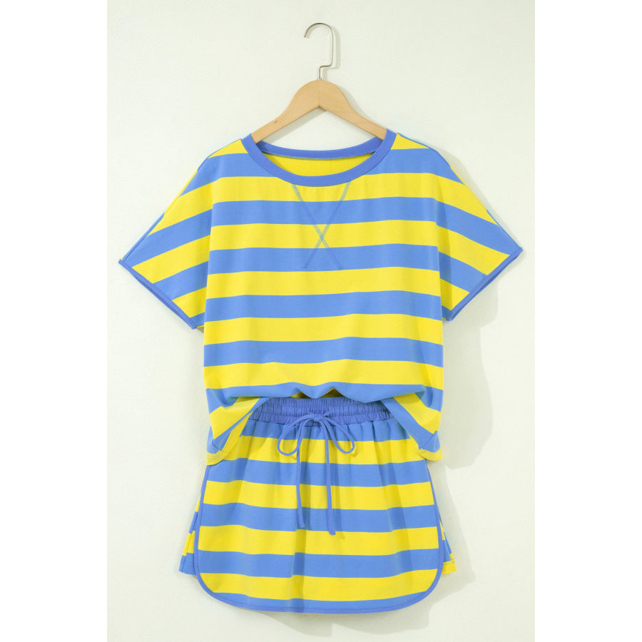 Pink Stripe Dolman Tee Drawstring Skort Athletic 2pcs Set Two Piece Sets/Two Piece Dresses