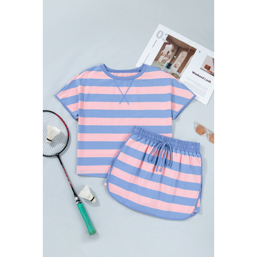 Pink Stripe Dolman Tee Drawstring Skort Athletic 2pcs Set Two Piece Sets/Two Piece Dresses