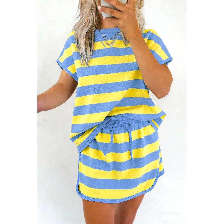 Pink Stripe Dolman Tee Drawstring Skort Athletic 2pcs Set Two Piece Sets/Two Piece Dresses