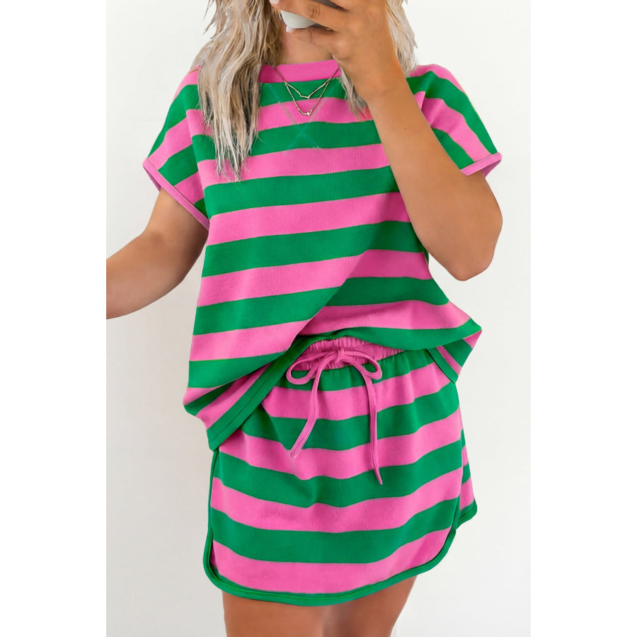 Pink Stripe Dolman Tee Drawstring Skort Athletic 2pcs Set Two Piece Sets/Two Piece Dresses