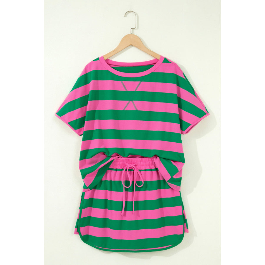 Pink Stripe Dolman Tee Drawstring Skort Athletic 2pcs Set Two Piece Sets/Two Piece Dresses