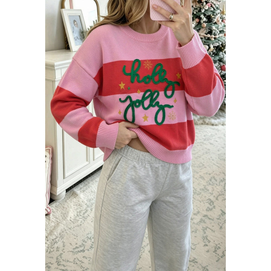 Pink Stripe Festive Holly Jolly Sequin Christmas Holiday Sweater / S Sweaters & Cardigans/Sweaters