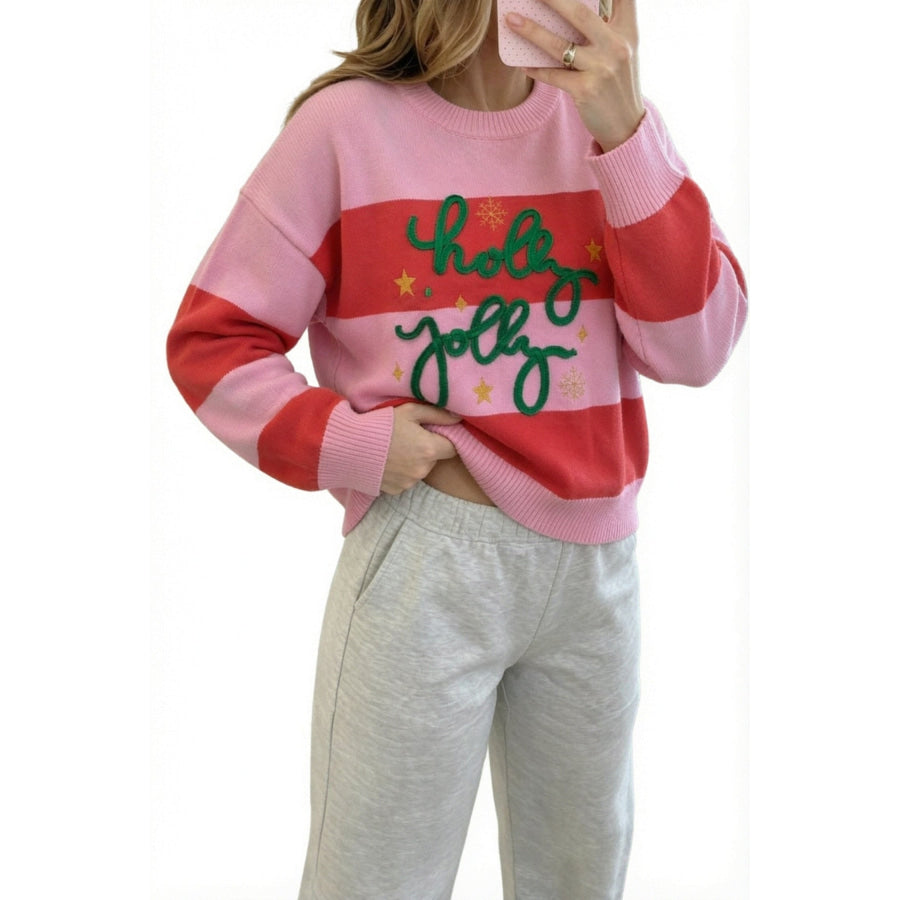 Pink Stripe Festive Holly Jolly Sequin Christmas Holiday Sweater Sweaters & Cardigans/Sweaters