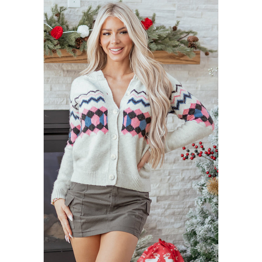 Pink Stripe Geometric Button Up Sweater Cardigan Pink Stripe / S / 70% Polyester + 20% Acrylic + 10% Polyamide Sweaters &